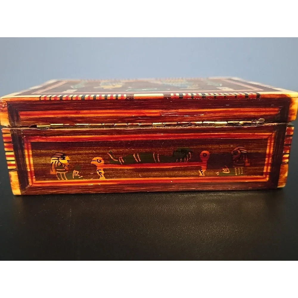 Vintage Hinged Wood‎ Box Mother Of Pearl Carved Egyptian theme 2